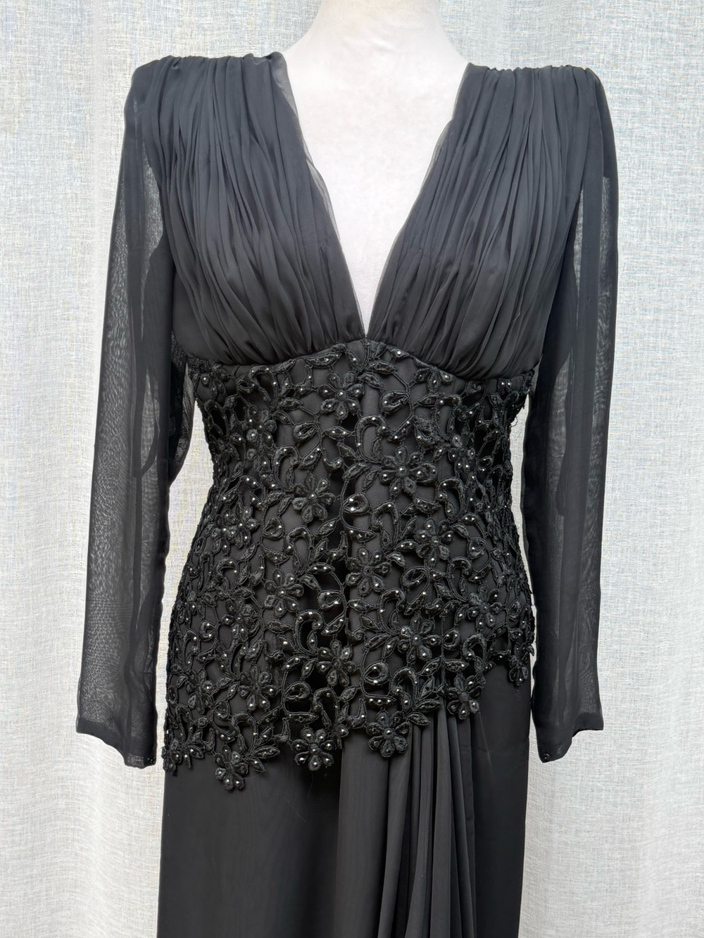 Rose Taft black long sleeve dropped waist  event gown  dress
